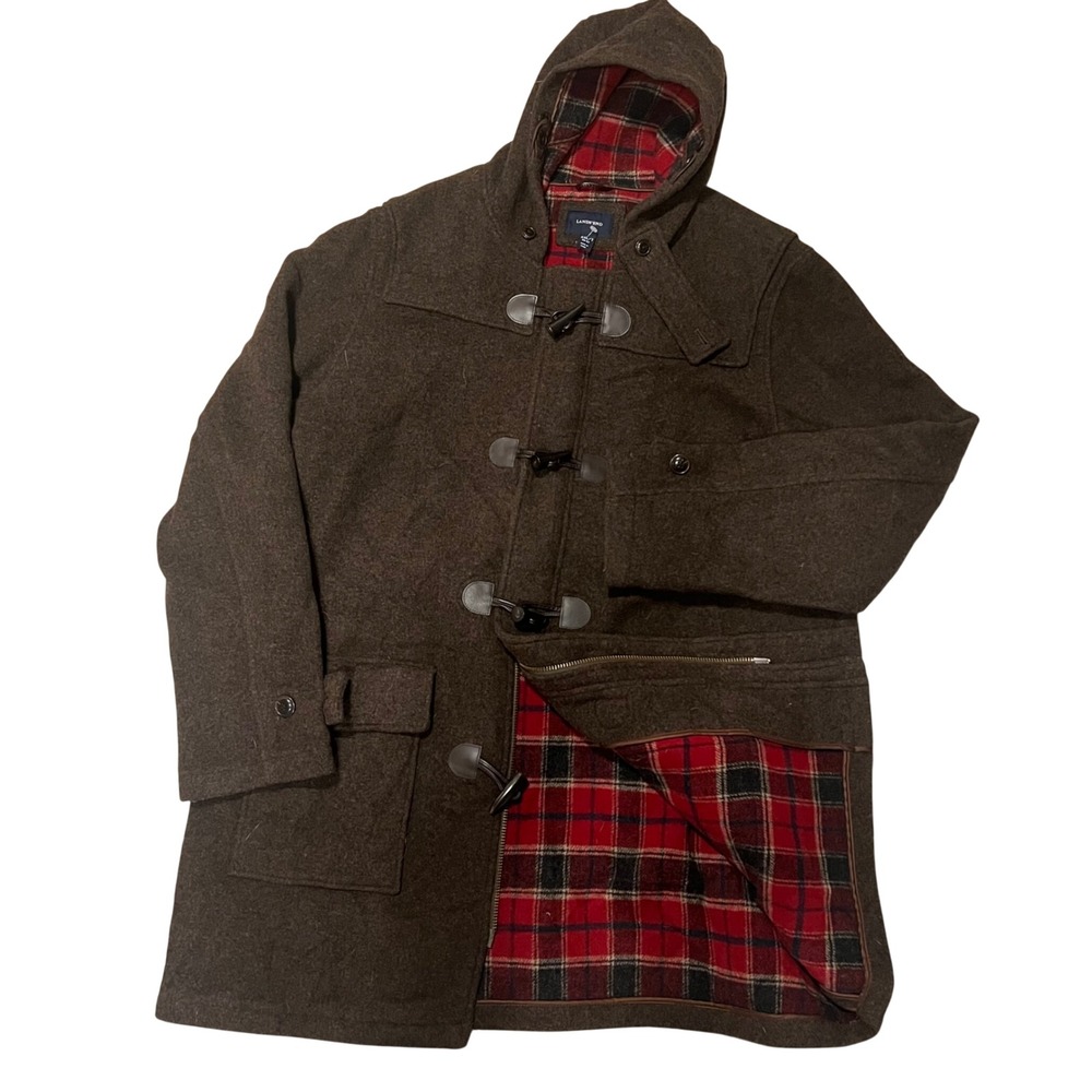 Lands End Mens XXL Tall Brown Wool Plaid Hooded Duffle Toggle Leather Over Coat